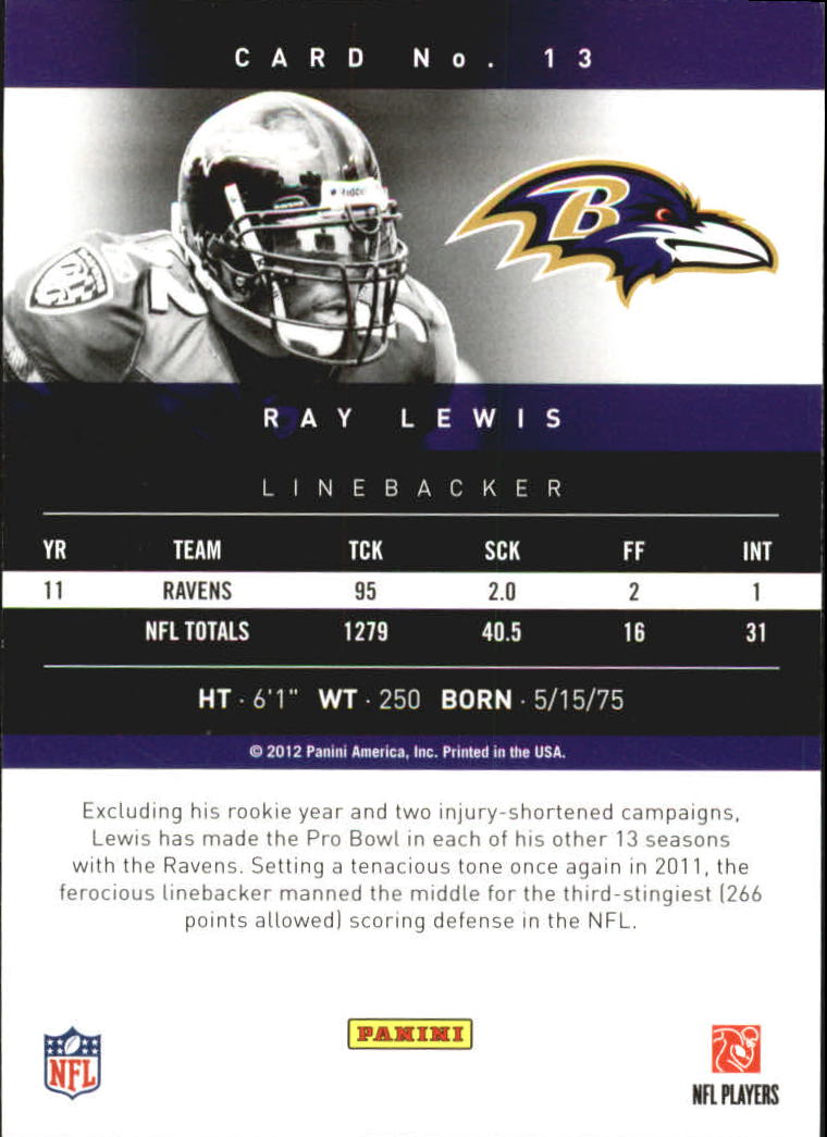 2012 Prestige Extra Points Gold #13 Ray Lewis back image