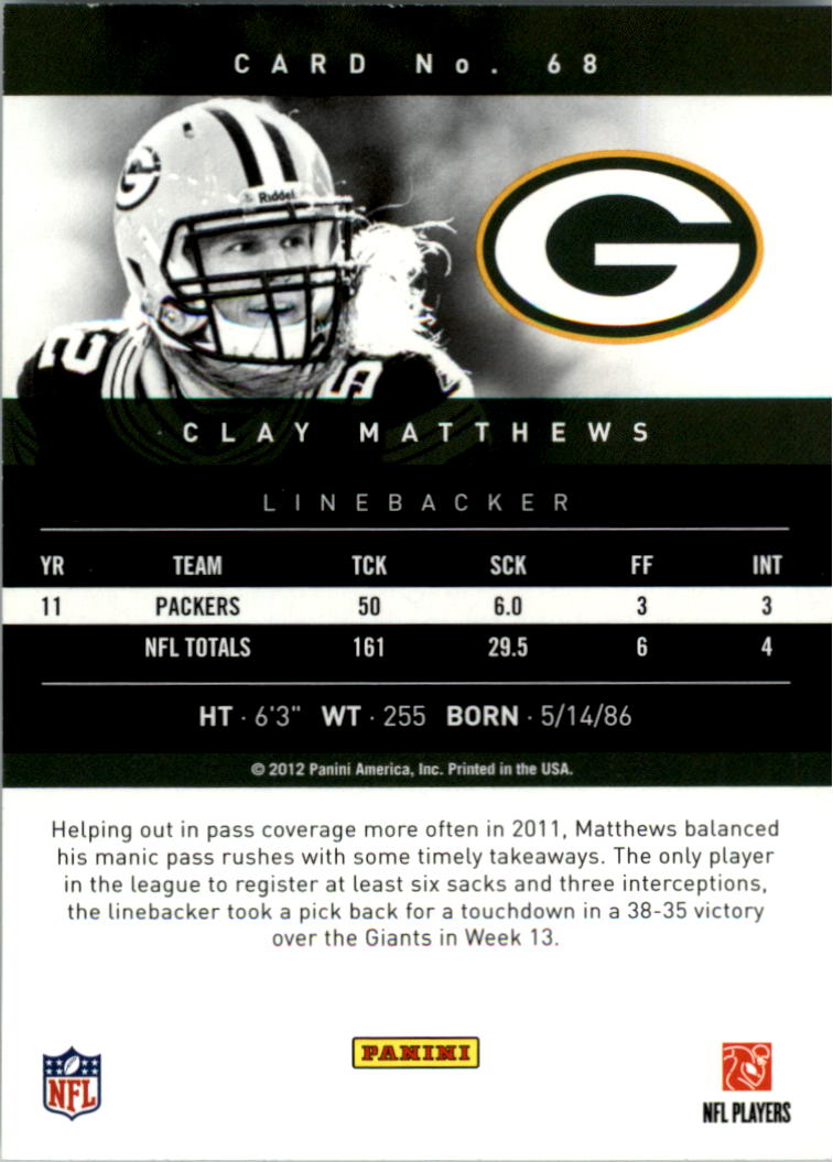 2012 Prestige Extra Points Gold #68 Clay Matthews back image