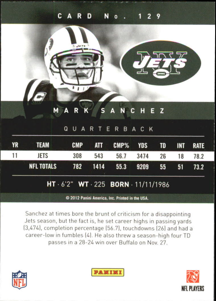 2012 Prestige Extra Points Gold #129 Mark Sanchez back image