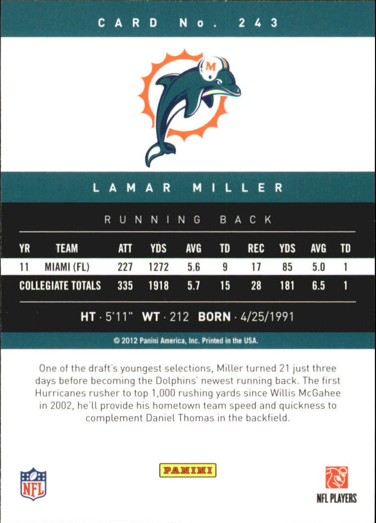 2012 Prestige Extra Points Gold #243 Lamar Miller back image