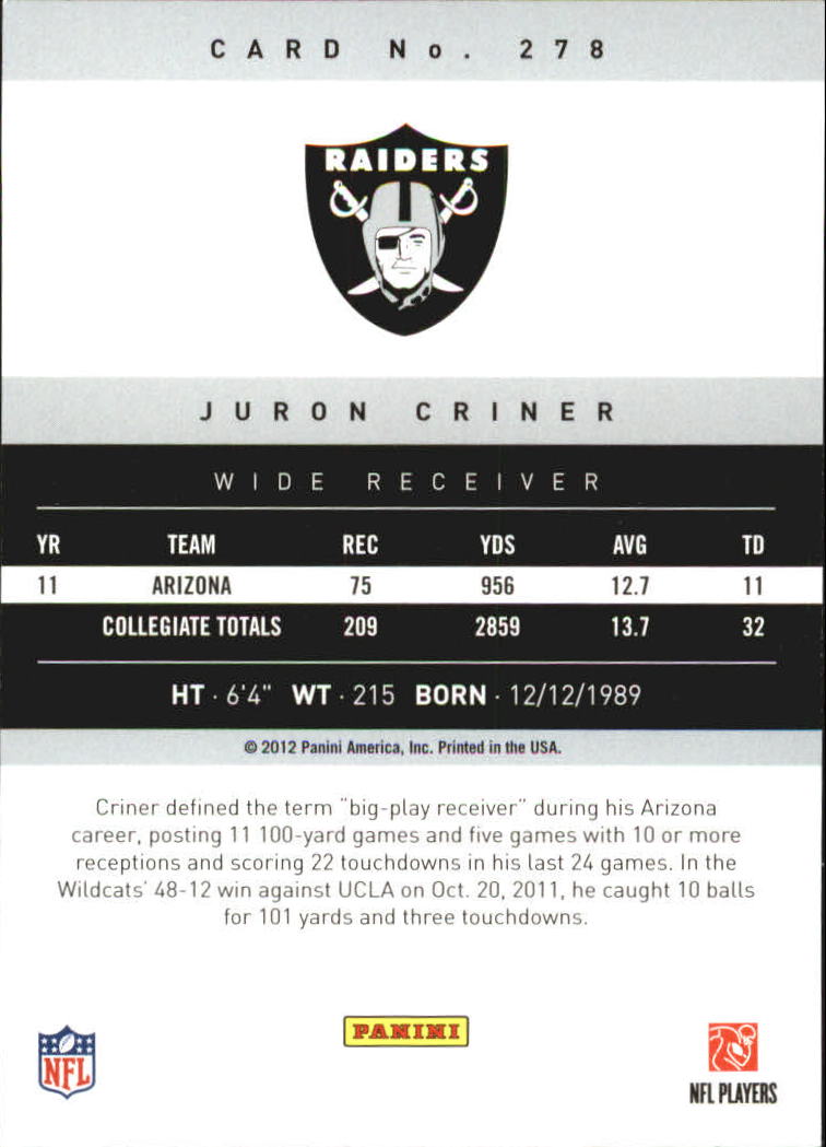2012 Prestige Extra Points Gold #278 Juron Criner back image