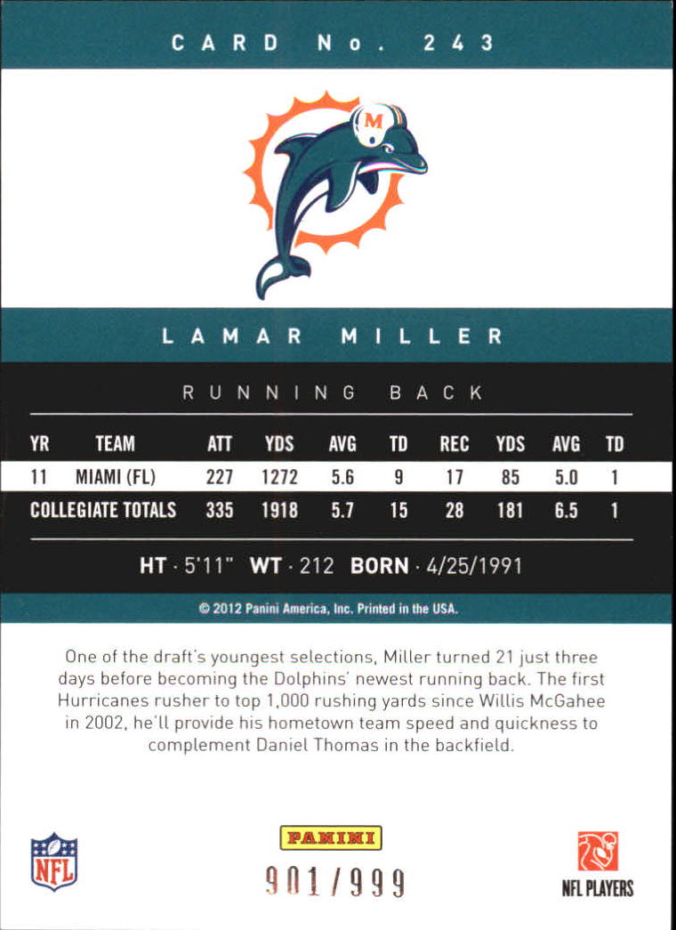 2012 Prestige Extra Points Blue #243 Lamar Miller back image