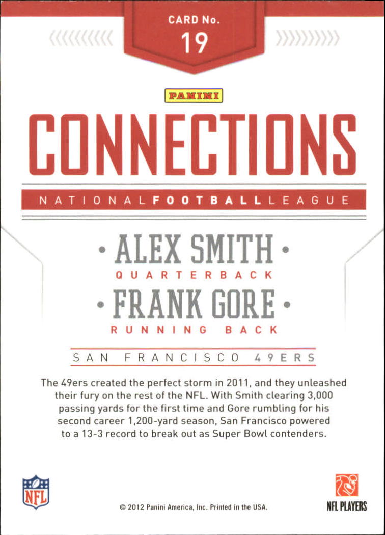2012 Prestige Connections #19 Alex Smith QB/Frank Gore back image