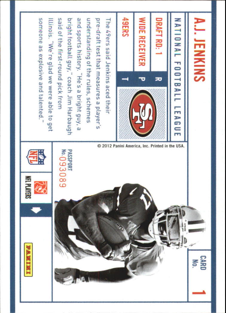 2012 Prestige NFL Passport #1 A.J. Jenkins back image