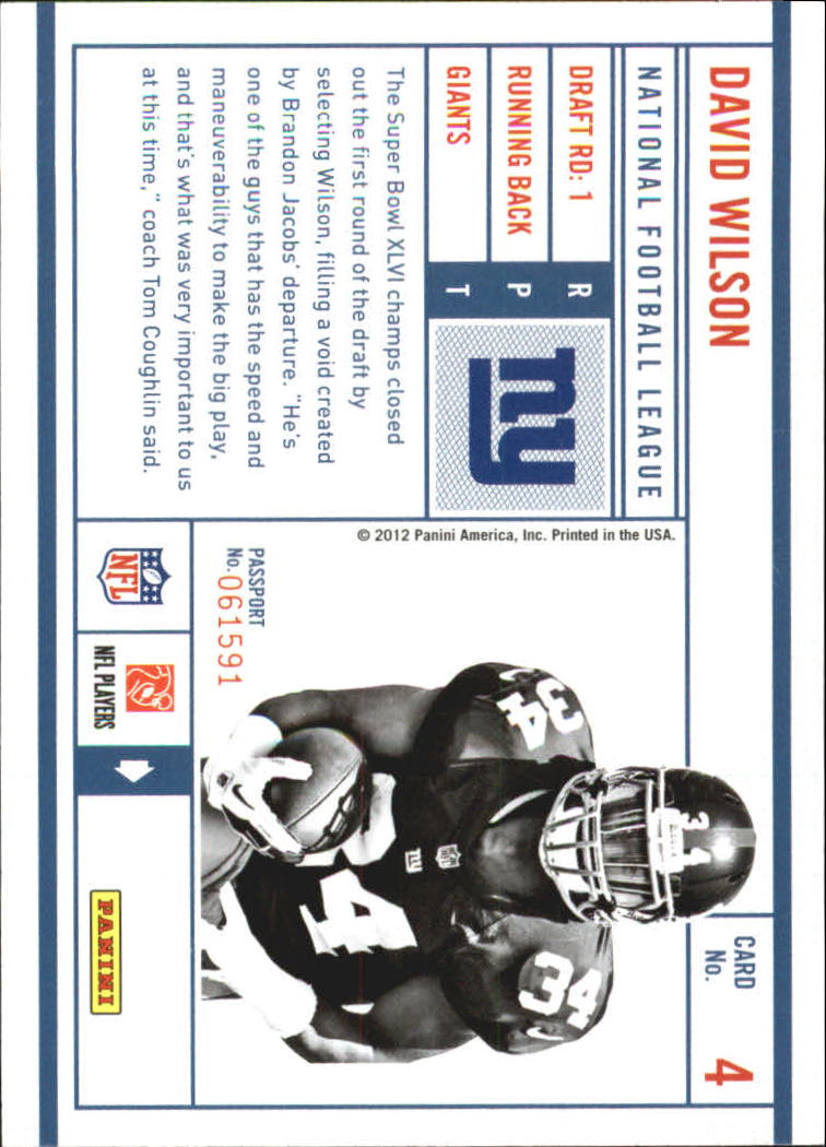 2012 Prestige NFL Passport #4 David Wilson back image