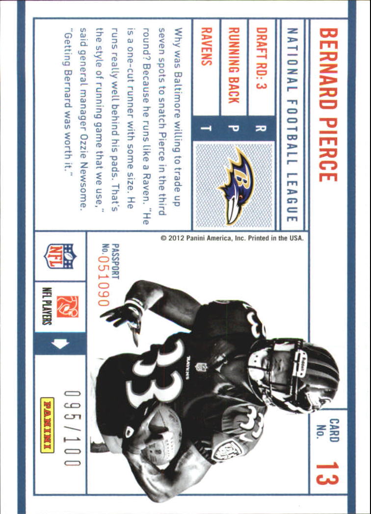2012 Prestige NFL Passport #13 Bernard Pierce back image