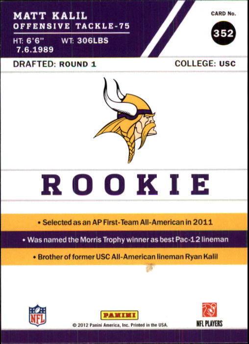 2012 Score #352A Matt Kalil RC/(hands on hip) back image