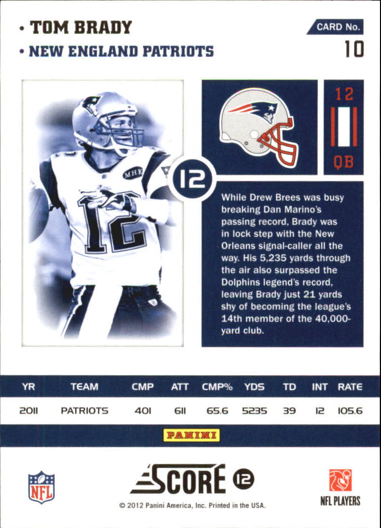 2012 Score Numbers Game #10 Tom Brady back image
