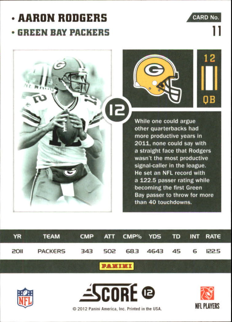 2012 Score Numbers Game #11 Aaron Rodgers back image