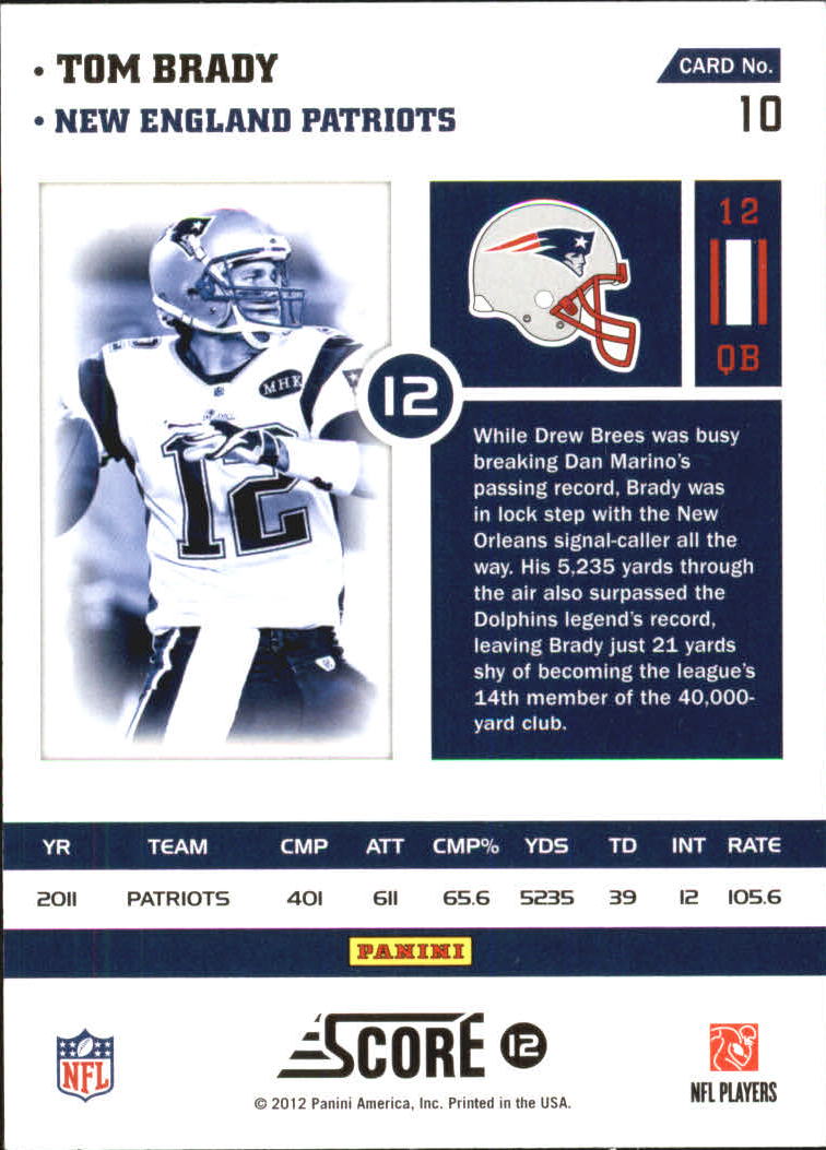2012 Score Numbers Game Glossy #10 Tom Brady back image