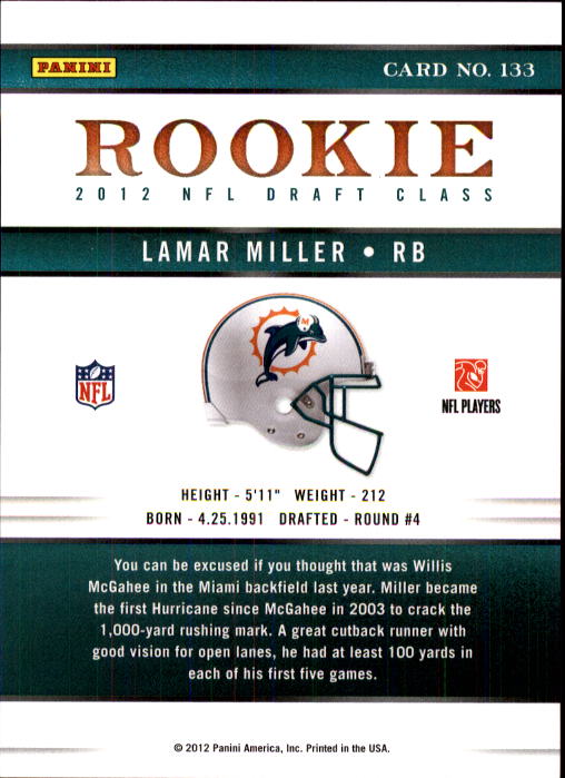 2012 Elite #133 Lamar Miller/799 RC back image