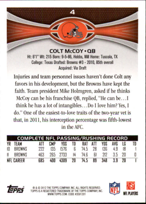 2012 Topps #4 Colt McCoy back image