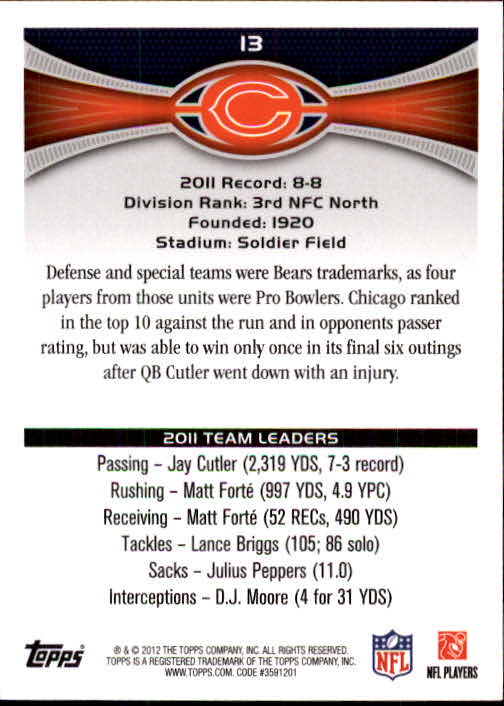2012 Topps #13 Chicago Bears/Jay Cutler/Matt Forte back image