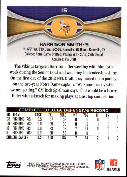 2012 Topps #15 Harrison Smith RC back image