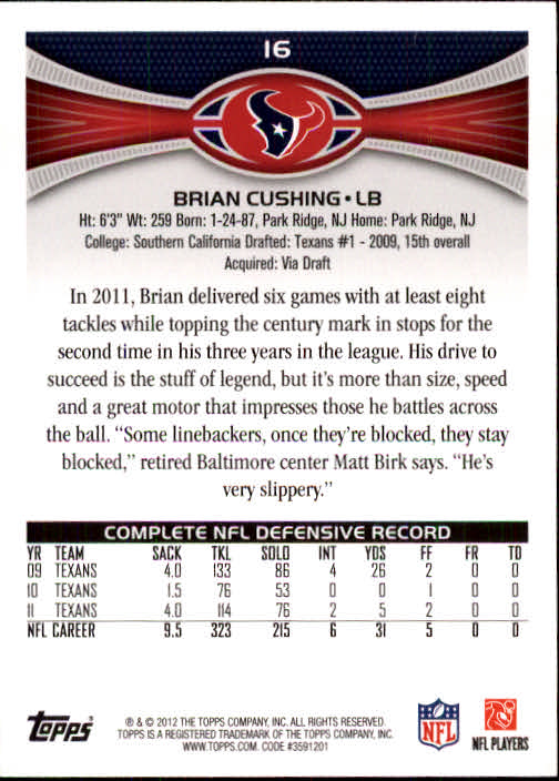 2012 Topps #16 Brian Cushing back image