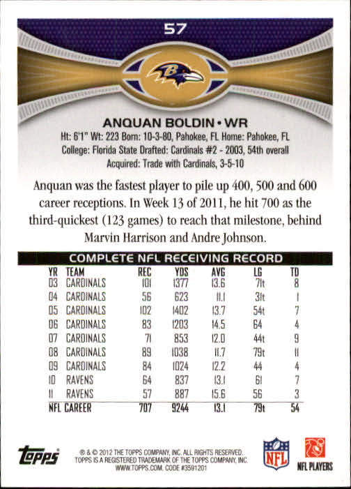 2012 Topps #57 Anquan Boldin back image