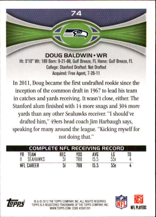 2012 Topps #74 Doug Baldwin back image