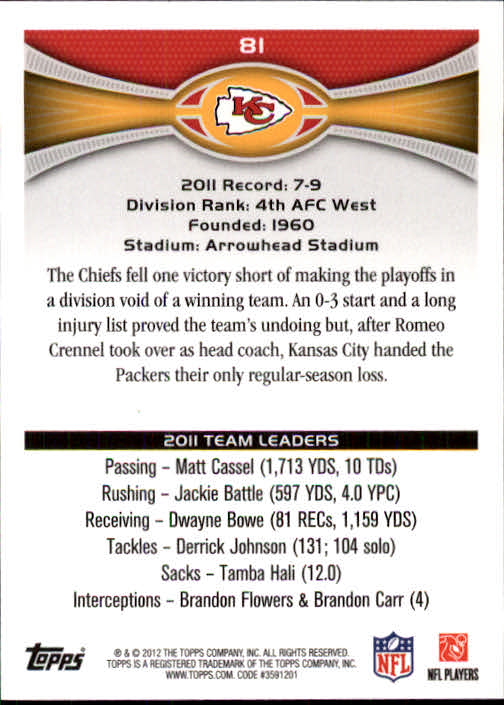 2012 Topps #81 Kansas City Chiefs/Matt Cassel/Branden Albert back image