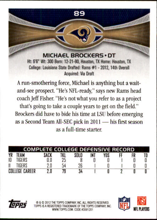 2012 Topps #89 Michael Brockers RC back image