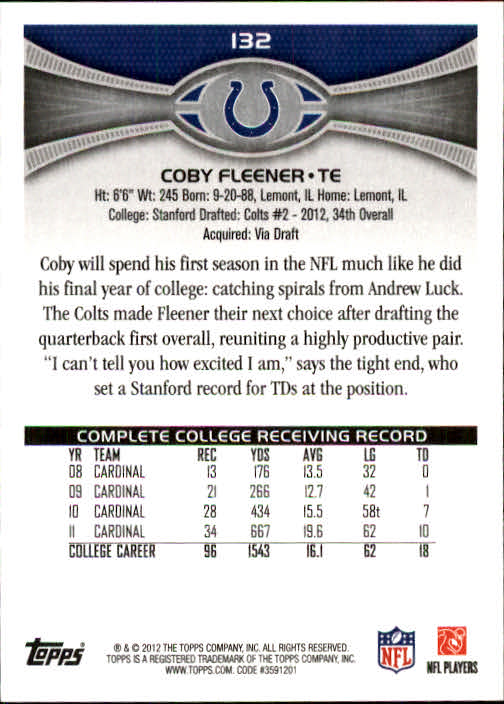 2012 Topps #132A Coby Fleener RC/(arms extended) back image
