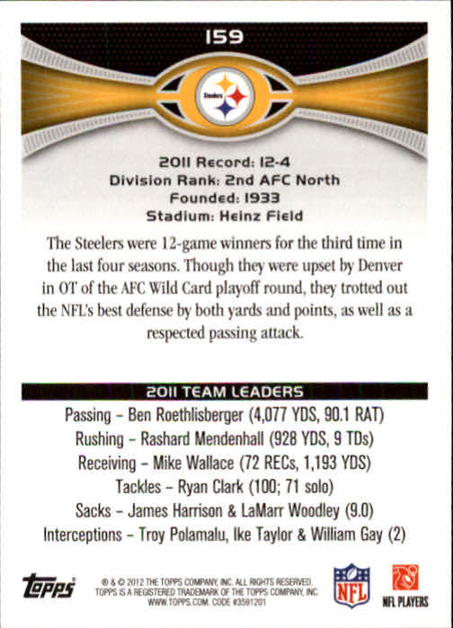 2012 Topps #159 Pittsburgh Steelers/Ben Roethlisberger/Max Starks back image