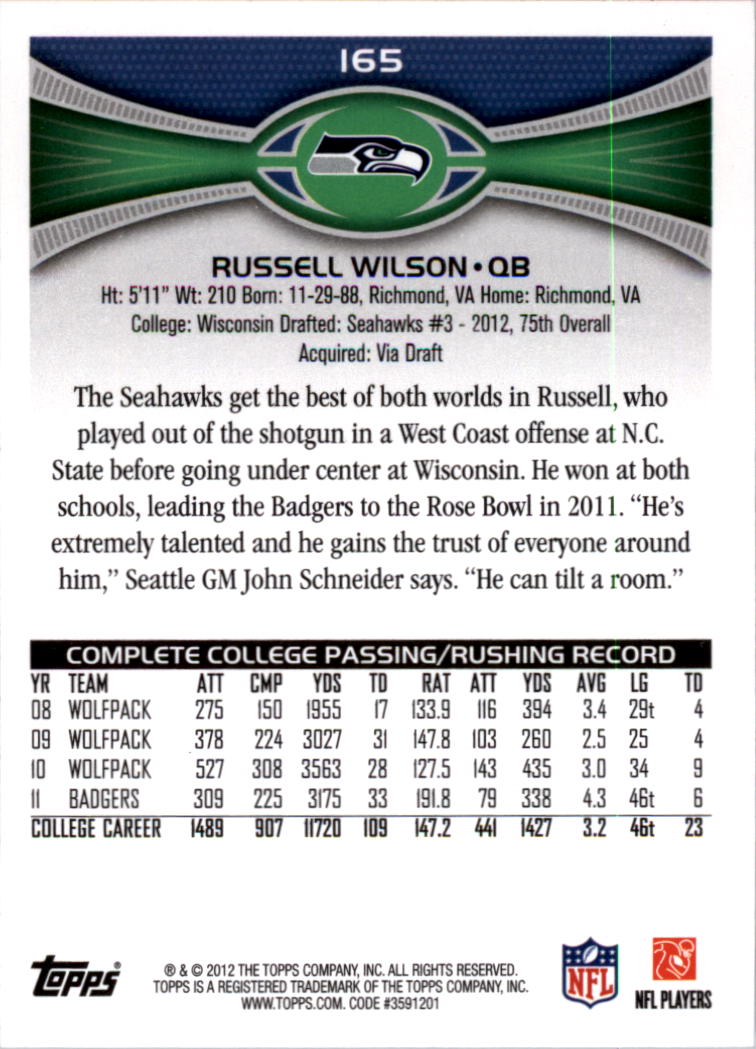 2012 Topps #165A Russell Wilson RC/(crowd in background) back image