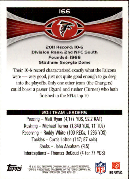 2012 Topps #166 Atlanta Falcons/Matt Ryan/Roddy White back image