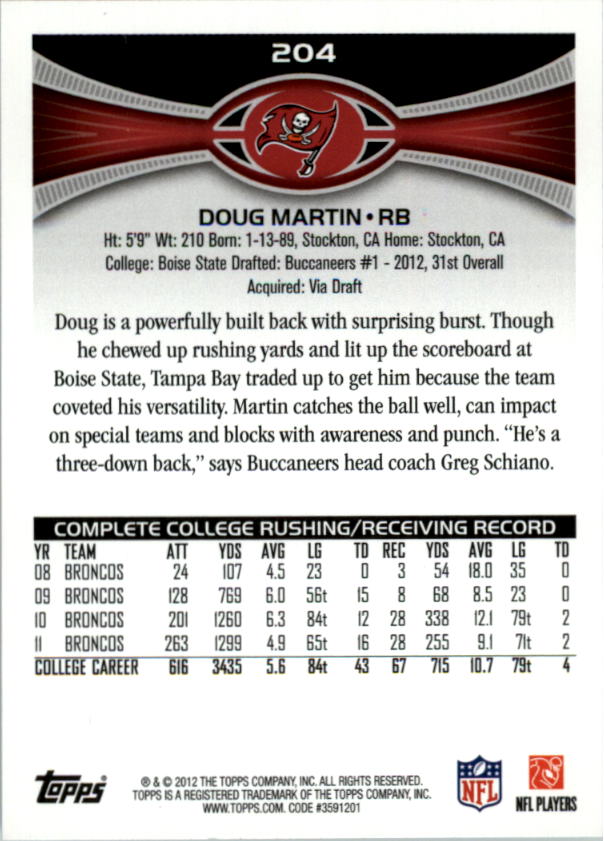 2012 Topps #204A Doug Martin RC/(catching pass) back image