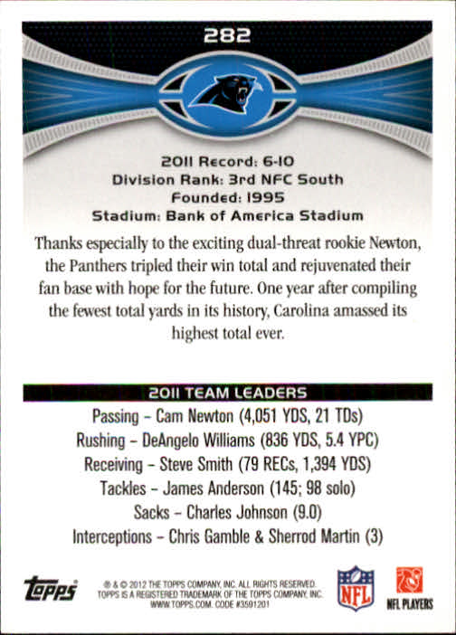 2012 Topps #282 Carolina Panthers/Cam Newton/Jonathan Stewart back image