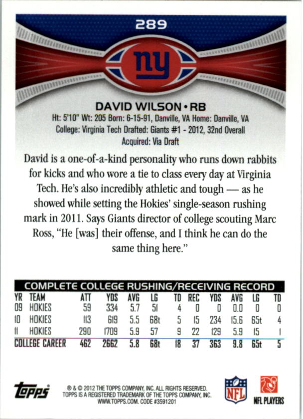 2012 Topps #289A David Wilson RC/(crowd in background) back image