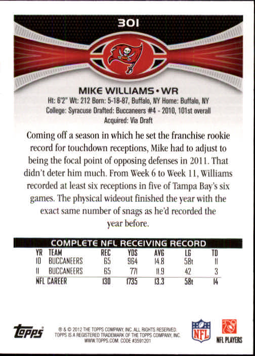 2012 Topps #301 Mike Williams back image