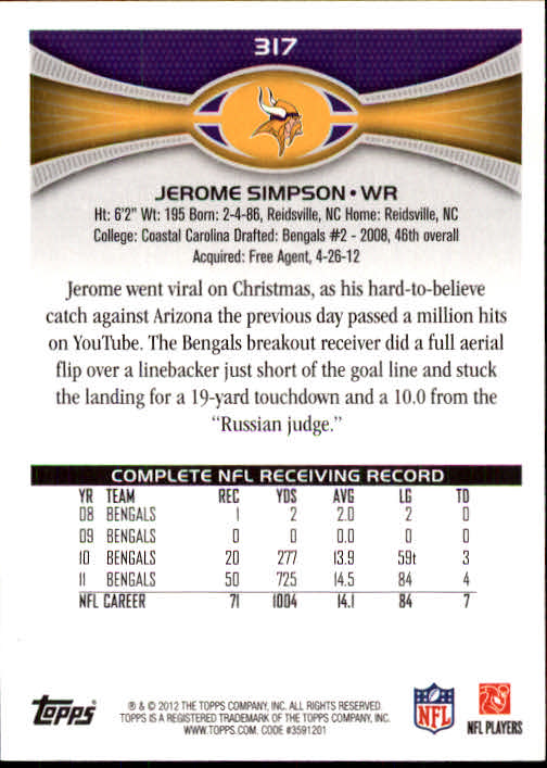 A1481- 2012 Topps Football Cards 203-402 +Rookies -You Pick- 15+ FREE US SHIP - Picture 201 of 351