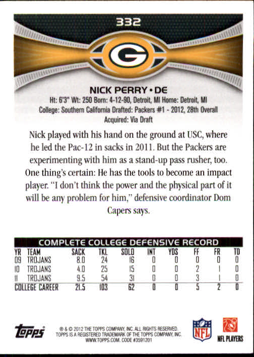 2012 Topps #332 Nick Perry RC back image
