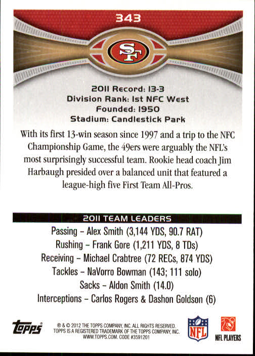 2012 Topps #343 San Francisco 49ers/Vernon Davis and O-Line back image