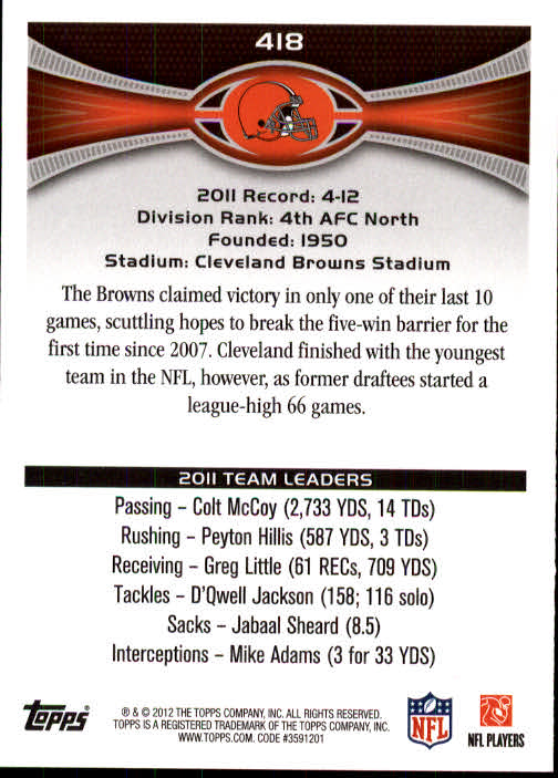 2012 Topps #418 Cleveland Browns/Colt McCoy back image