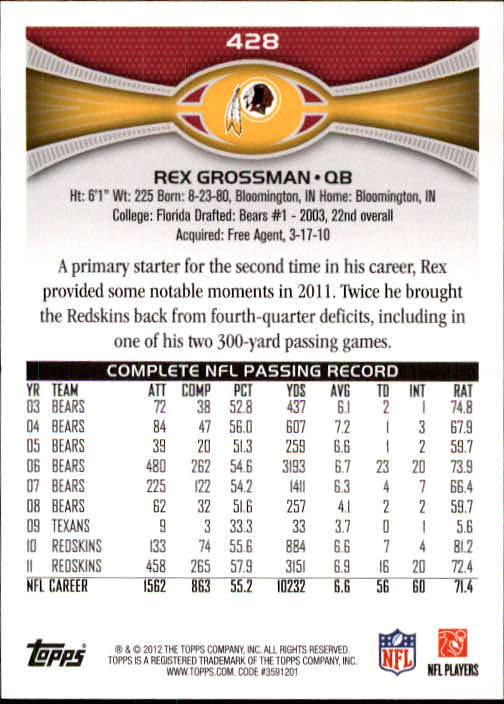 2012 Topps #428 Rex Grossman back image