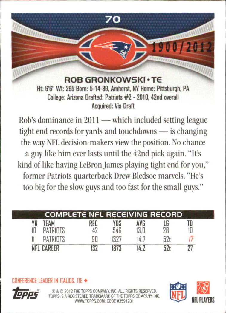 2012 Topps Gold #70 Rob Gronkowski back image