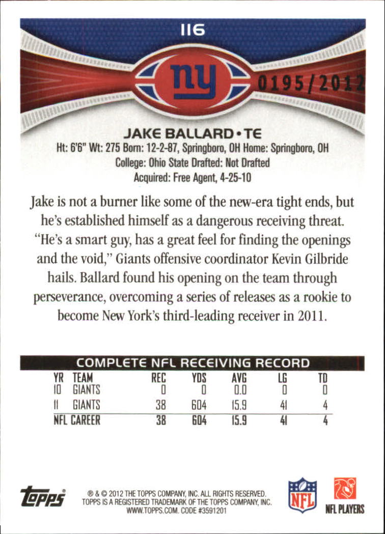2012 Topps Gold #116 Jake Ballard back image