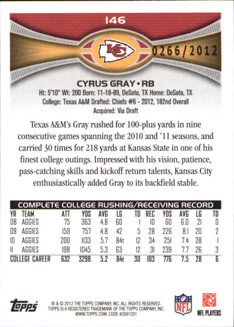 2012 Topps Gold #146 Cyrus Gray back image