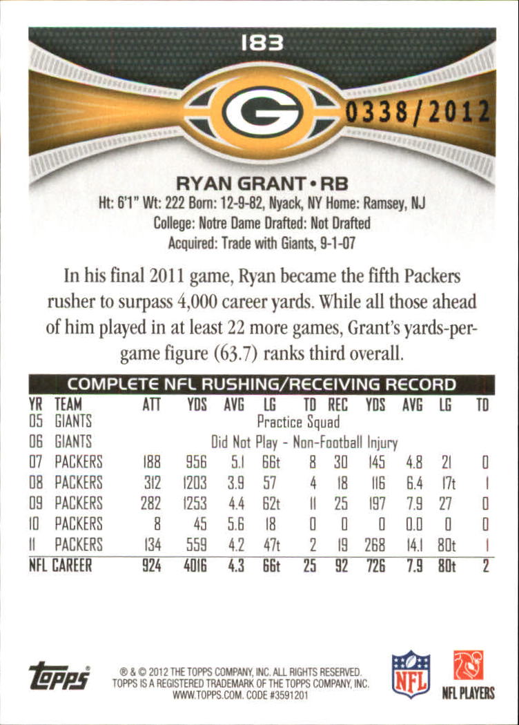 2012 Topps Gold #183 Ryan Grant back image