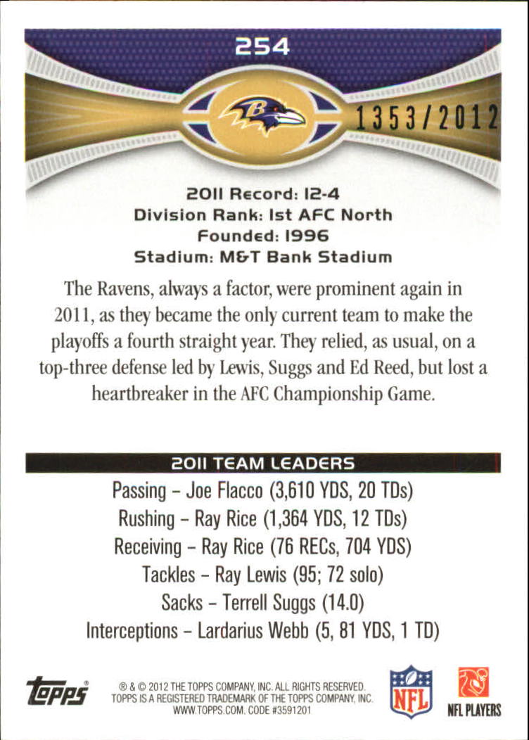 2012 Topps Gold #254 Baltimore Ravens/Ray Rice back image