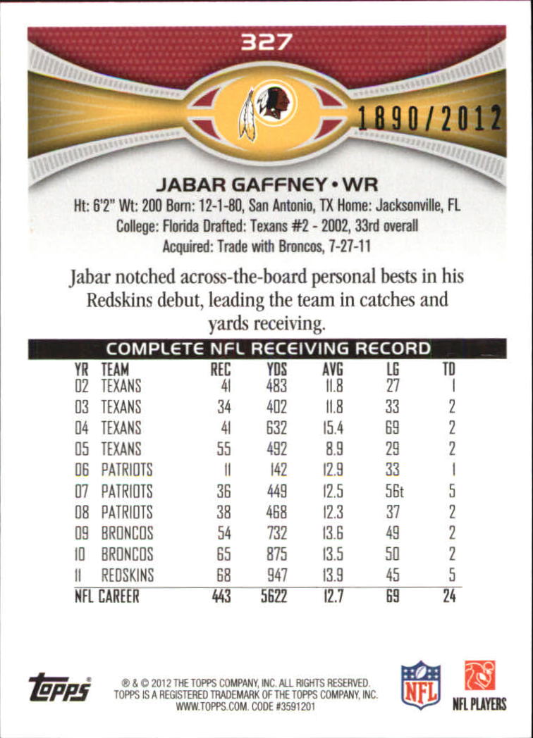 2012 Topps Gold #327 Jabar Gaffney back image