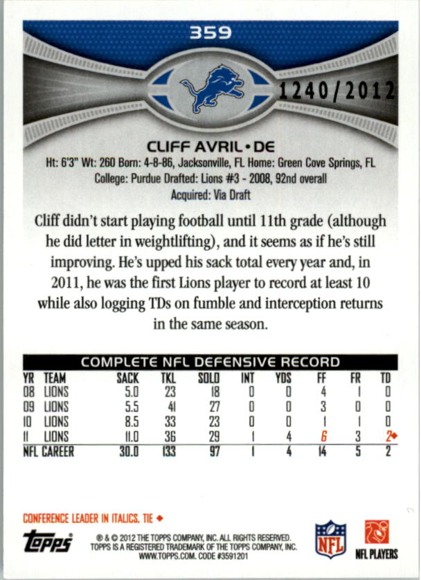 2012 Topps Gold #359 Cliff Avril back image