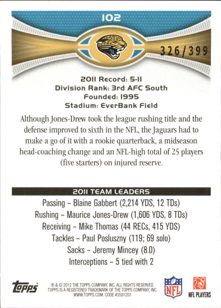2012 Topps Camo #102 Jacksonville Jaguars/Blaine Gabbert/Maurice Jones-Drew back image