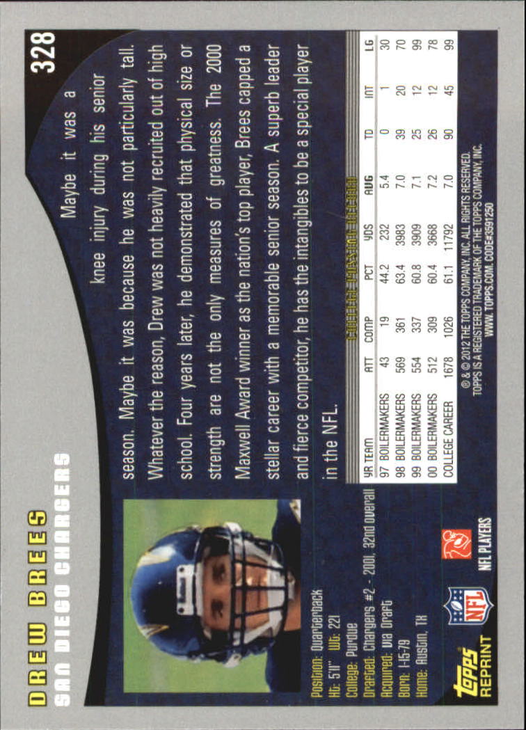 2012 Topps Rookie Reprint #328 Drew Brees 01 back image