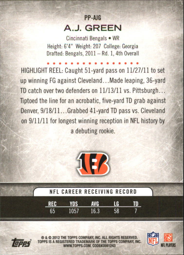 2012 Topps Prolific Playmakers #PPAJG A.J. Green back image