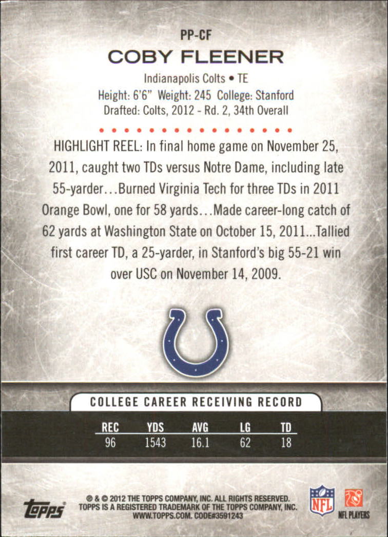 2012 Topps Prolific Playmakers #PPCF Coby Fleener back image