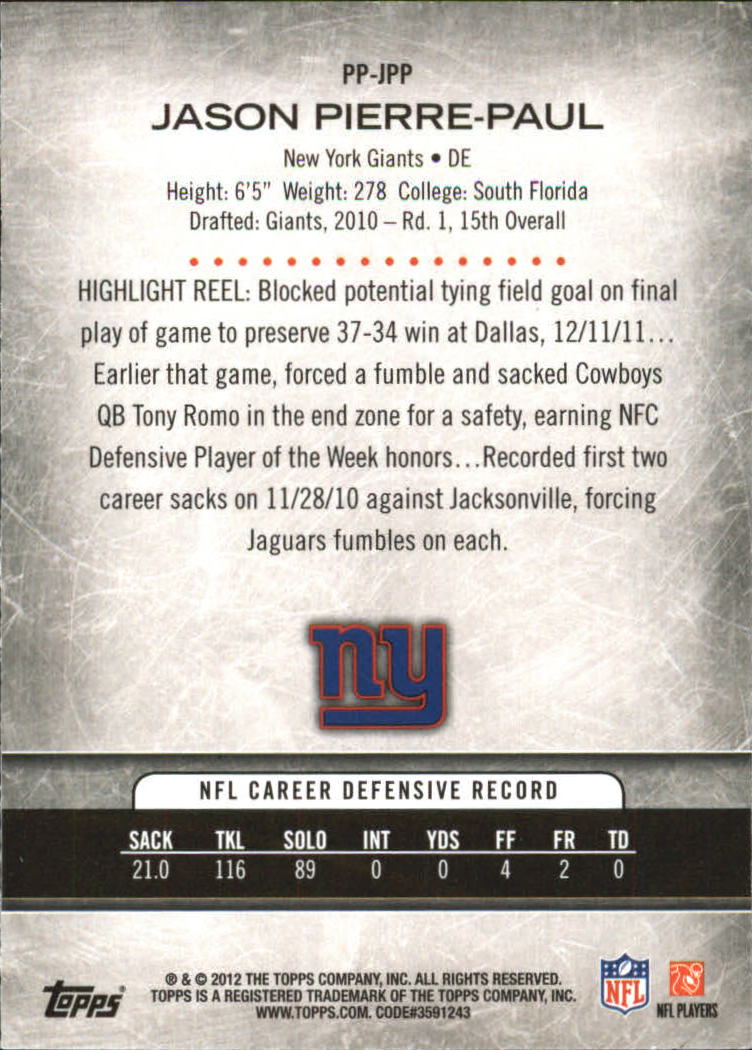 2012 Topps Prolific Playmakers #PPJPP Jason Pierre-Paul back image