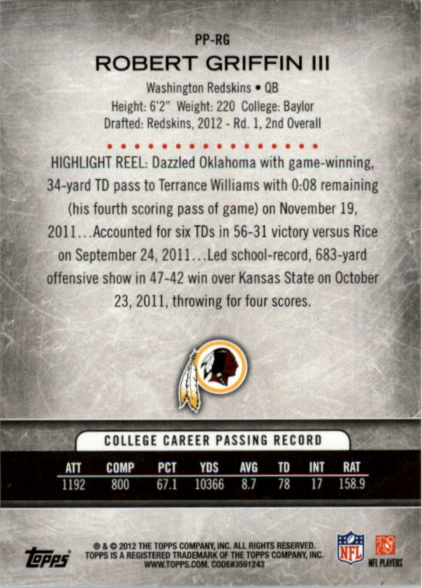 2012 Topps Prolific Playmakers #PPRG Robert Griffin III back image