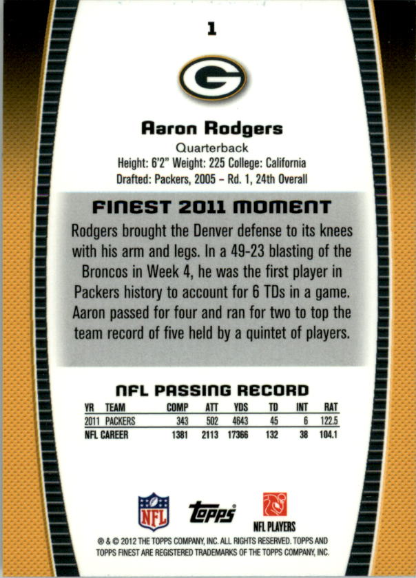2012 Finest #1 Aaron Rodgers back image